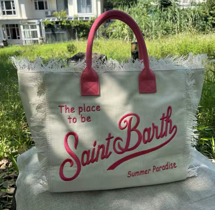 Large Slogan Print Frayed Canvas Tassel Tote Shoulder Bag