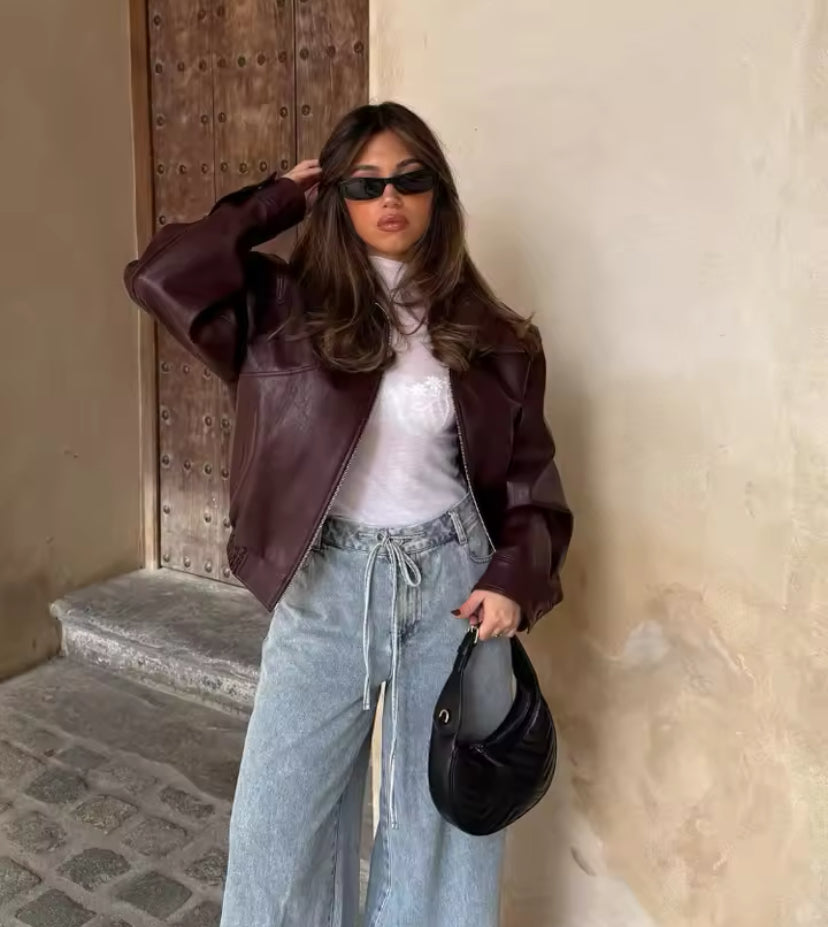 Burgundy Collared Zip Up Bomber Jacket