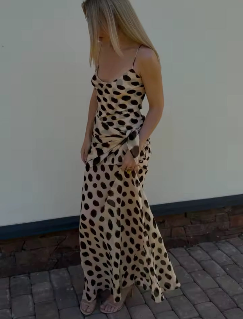 Mesh Dot Print Tie Up Layered Maxi Dress