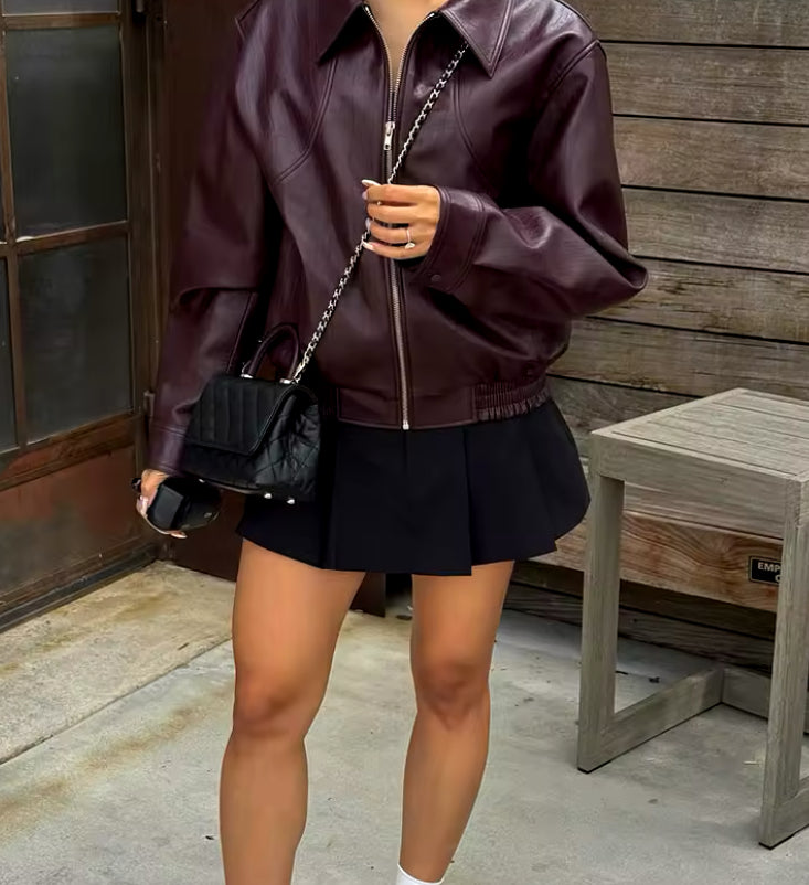 Burgundy Collared Zip Up Bomber Jacket
