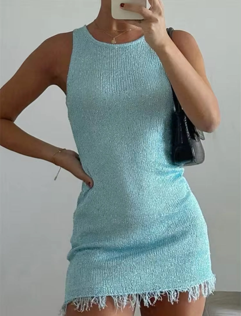 Sparkly Racer Neck Frayed Bottom Mini Dress