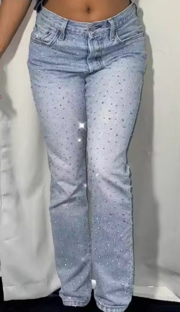 Multicoloured Diamanté Embellished Straight Leg Blue Denim Jeans
