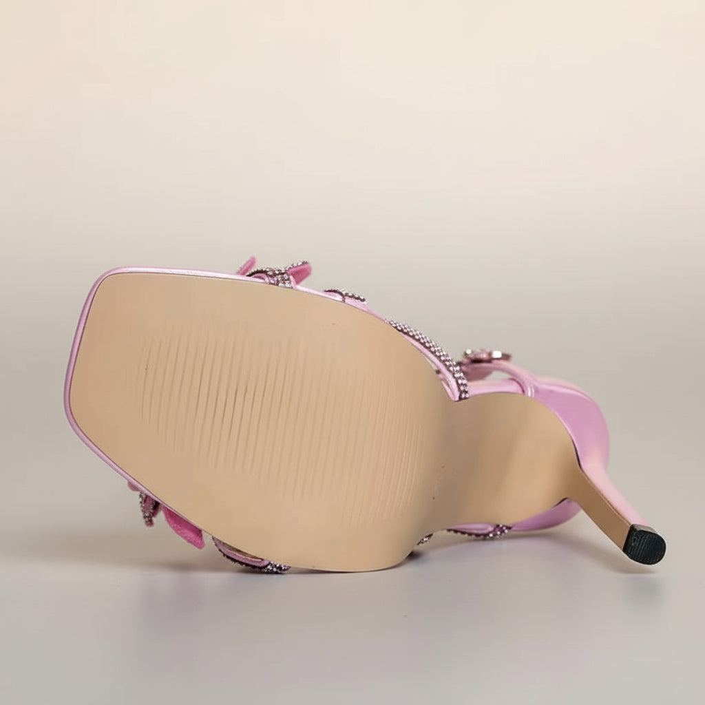 Pink Sparkly Flower Detail Wrap Around Heels