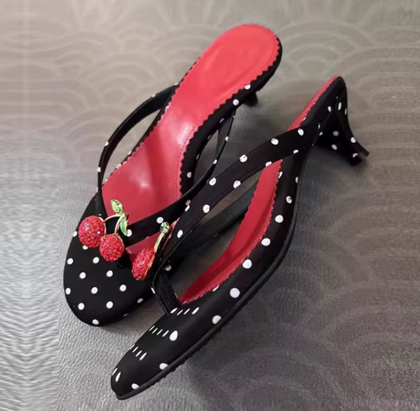 Polka Dot Rhinestone Cherry Heels