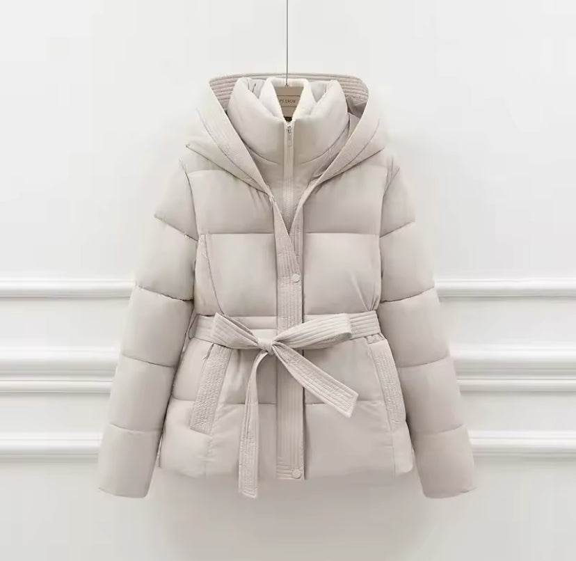 Hooded Tie Up Waist Puffer Jacket