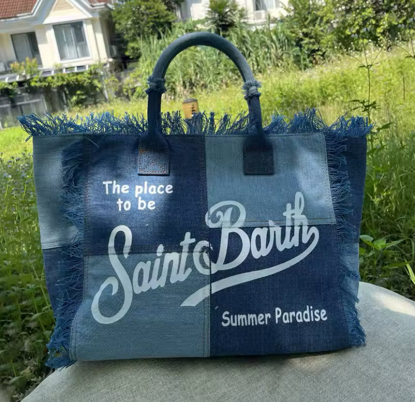 Large Slogan Print Frayed Canvas Tassel Tote Shoulder Bag