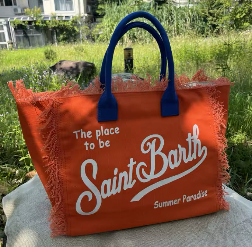 Large Slogan Print Frayed Canvas Tassel Tote Shoulder Bag