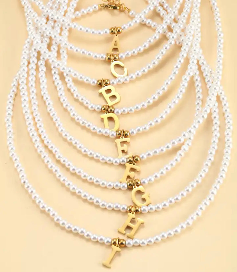 Pearl Bead Gold Initial Necklace