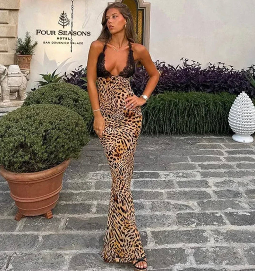 Leopard Print Black Lace V Neck Maxi Dress luxediary