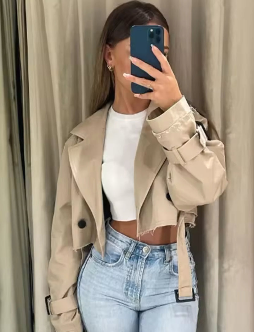 Cropped Belted Trench Coat Jacket