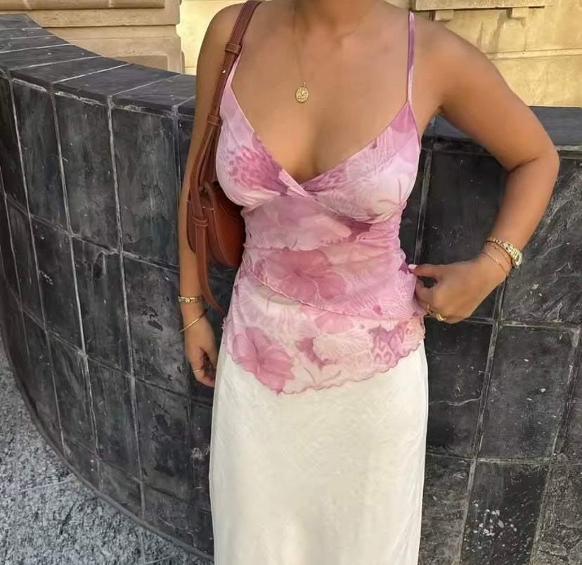 Wrap Around Mesh Floral Print Vest Top