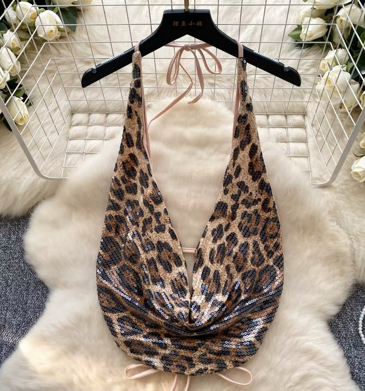 Sequin Leopard Print Hanging Halterneck Mini Skirt Co-Ord