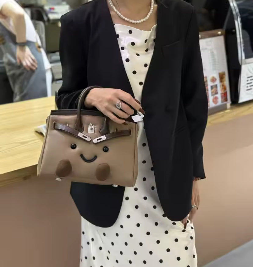 Faux Leather Smiley Face Metal Clasp Handbag