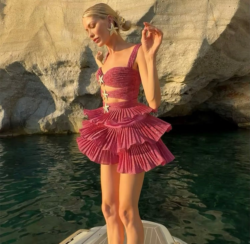 Pink Sparkly Cut Out Starfish Detail Mini Dress