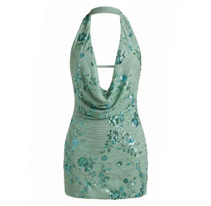 Floral Beaded Sequin Cowl Neck Backless Mini Dress