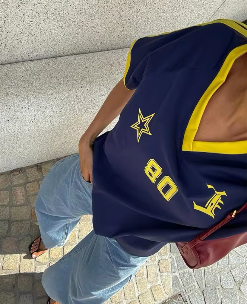 Oversized V-Neck Sports Jersey Top