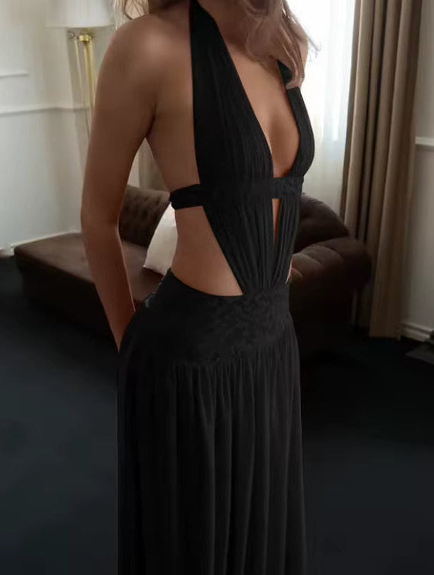 Lace Detail Open Backless Halter Maxi Dress