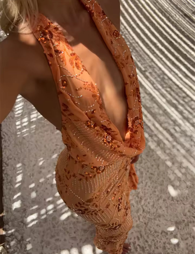 Beaded Sequin Cowl Neck Maxi Dress