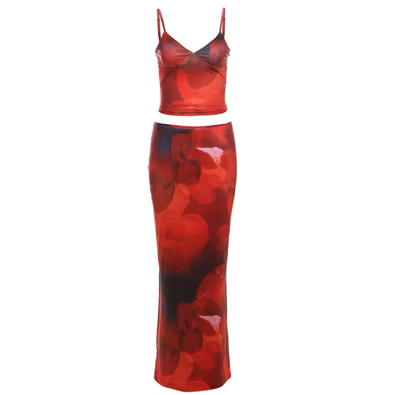 Red Patterned Maxi Skirt Co-Ord