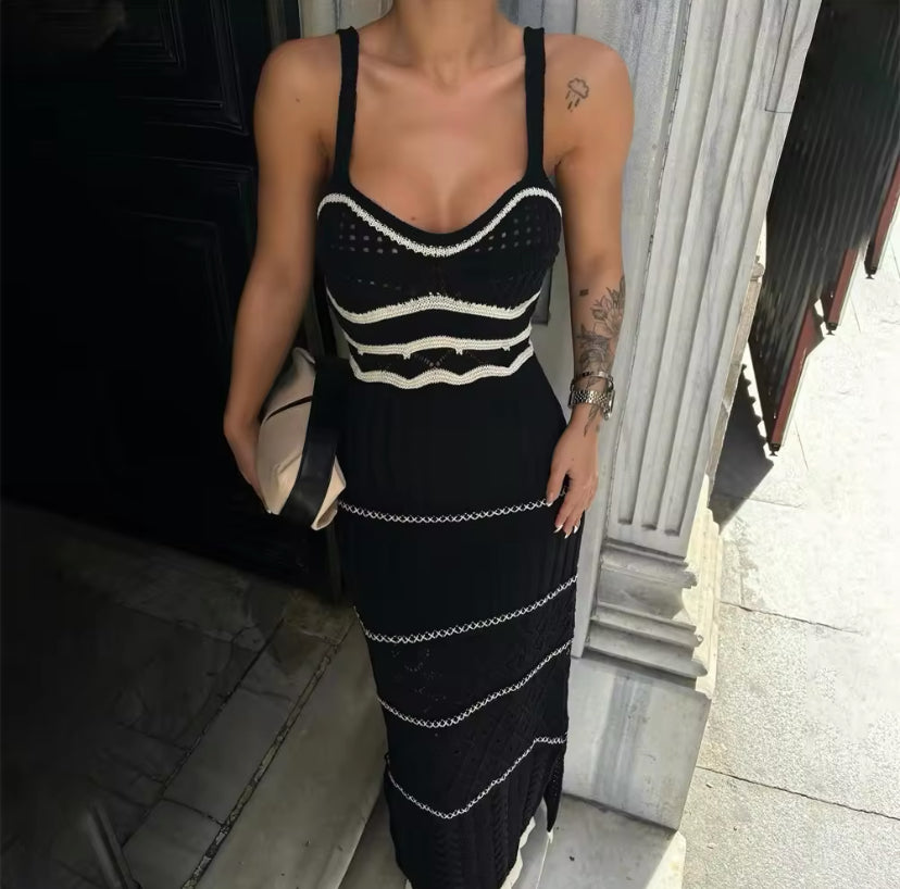 Crochet Knitted Patterned Side Split Maxi Dress