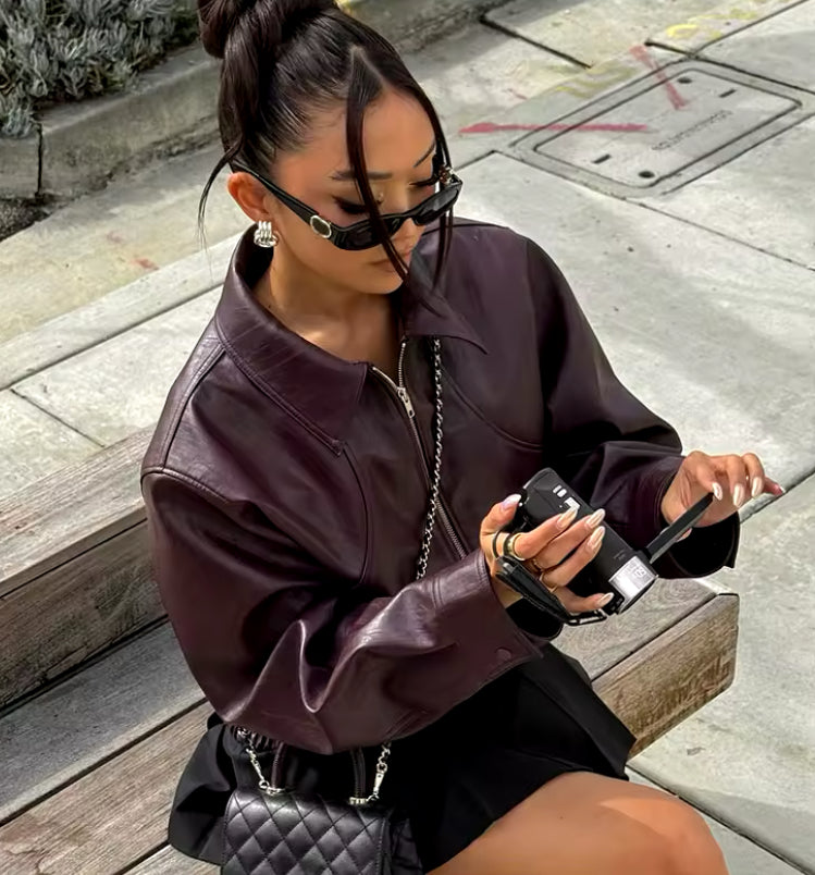 Burgundy Collared Zip Up Bomber Jacket