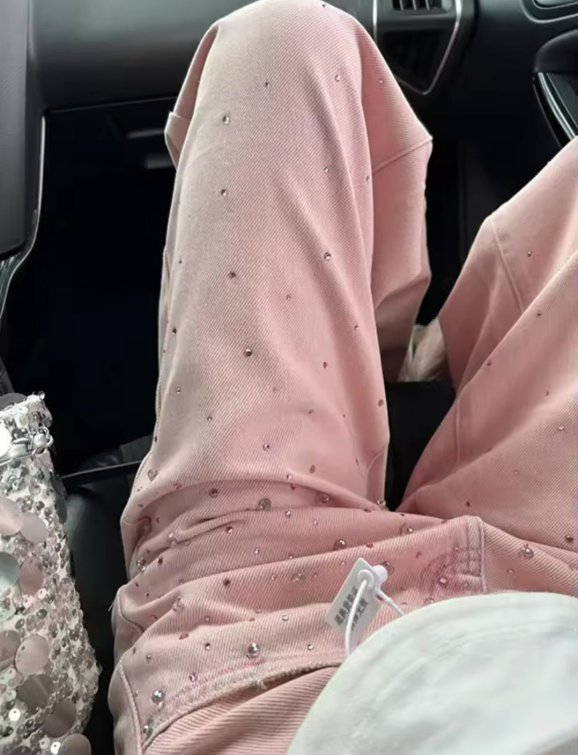 Pink Diamanté Embellished Straight Leg Jeans