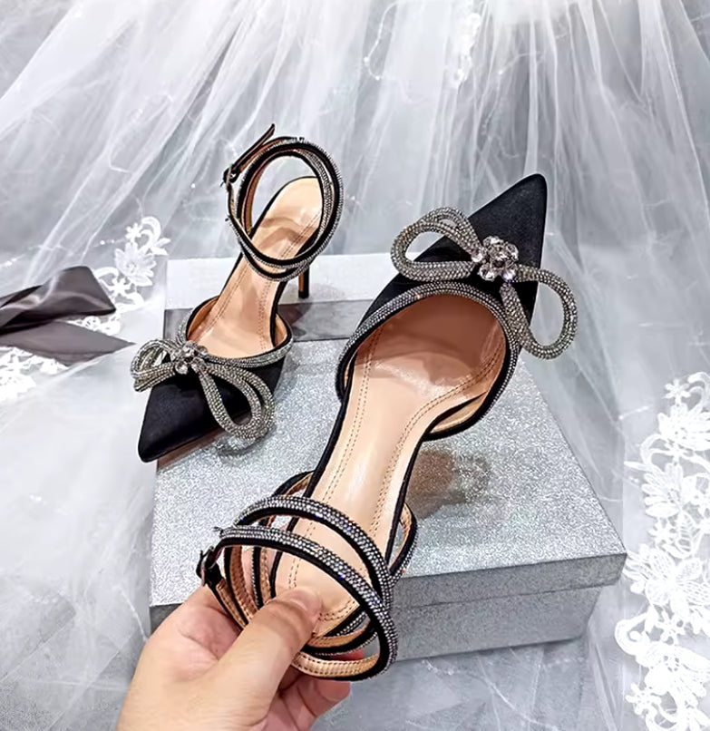 Sparkle Bow Detail Wrap-Around Satin Point-Toe Heels