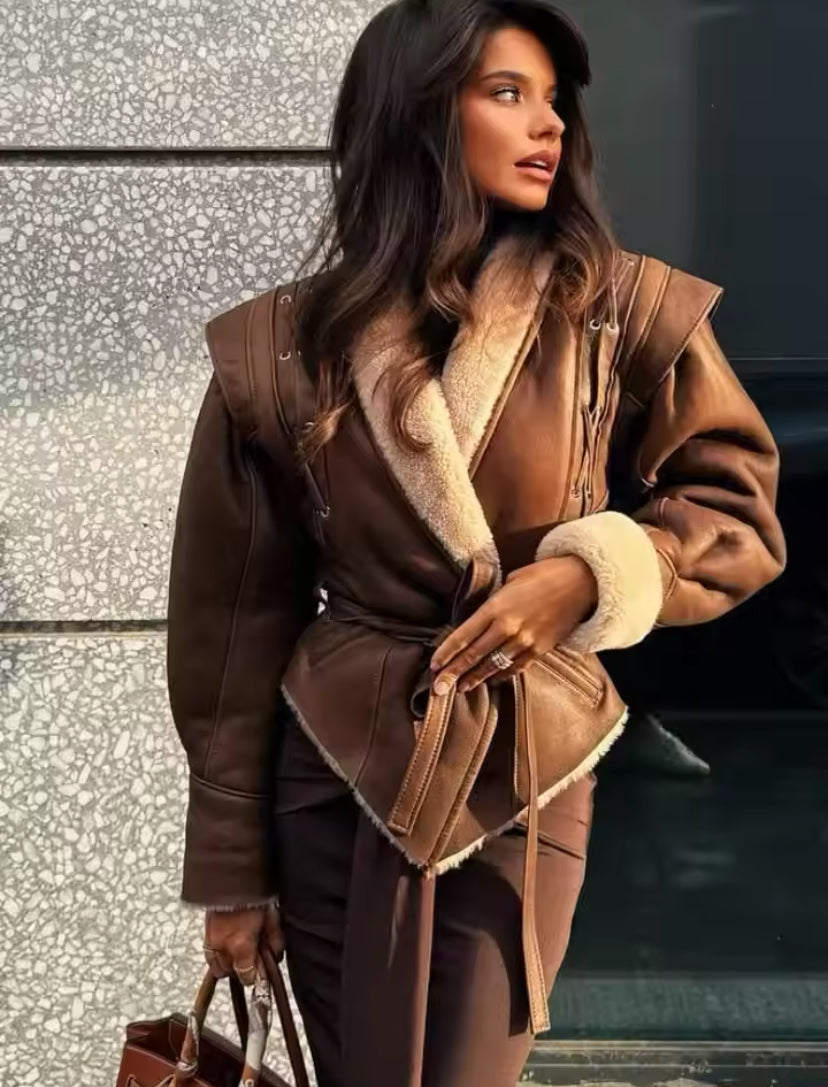Fur Lined Faux Leather Tie Up Waist Jacket