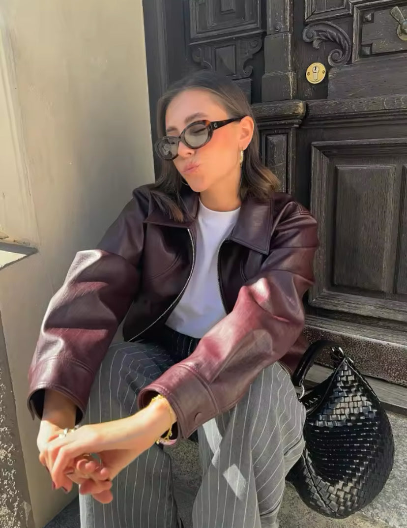 Burgundy Collared Zip Up Bomber Jacket