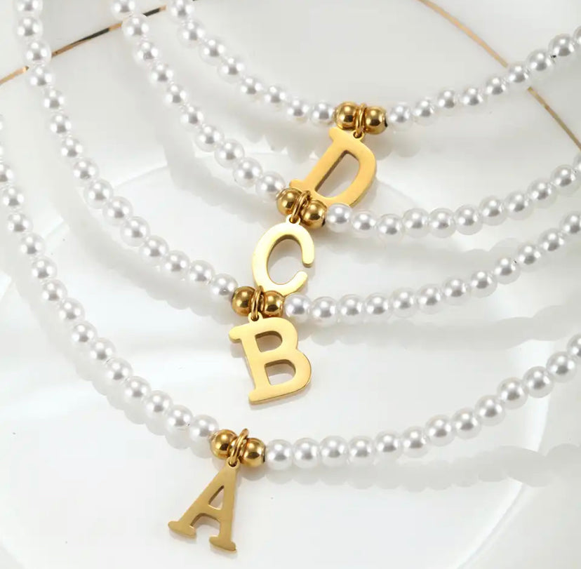 Pearl Bead Gold Initial Necklace