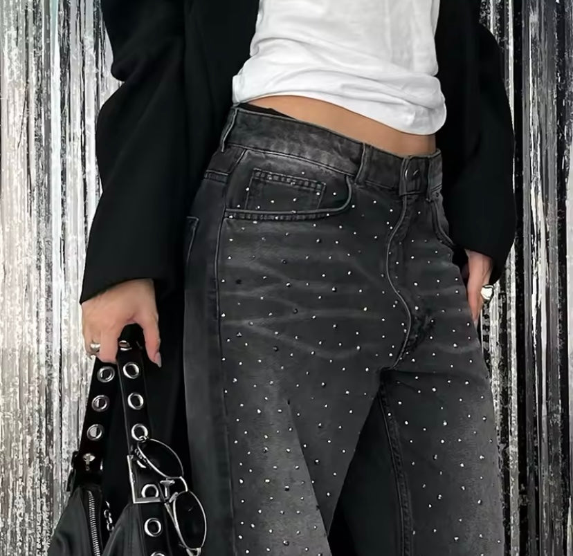 Faded Black Sparkly Diamanté Embellished Straight Leg Jeans