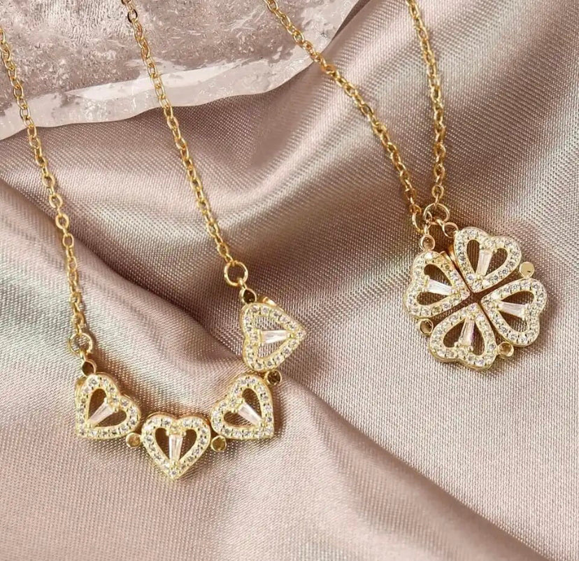 Magnetic Sparkly Heart Shape Four Leaf Clover Necklace