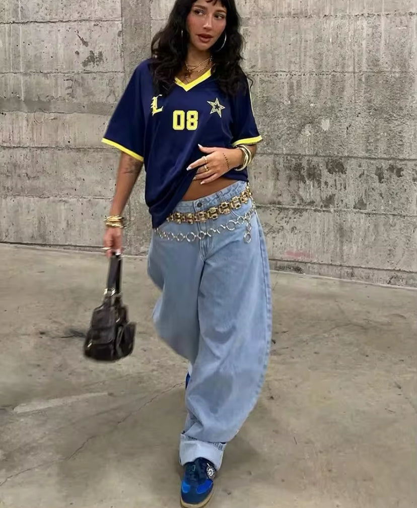 Oversized V-Neck Sports Jersey Top