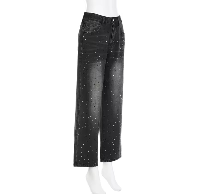 Faded Black Sparkly Diamanté Embellished Straight Leg Jeans