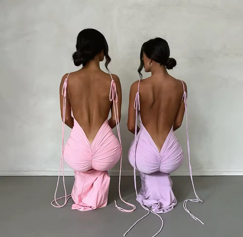 Ruched Backless Tie Up Maxi Dress