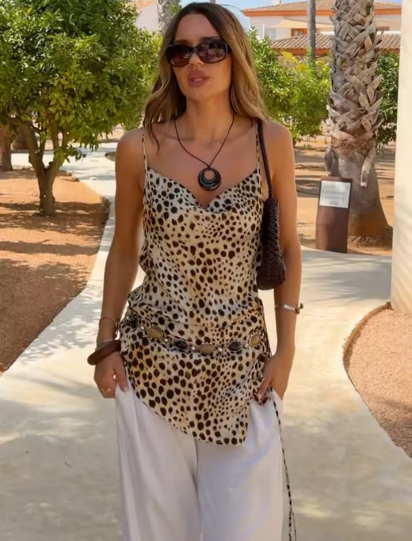 Satin Cheetah Cowl Neck Top