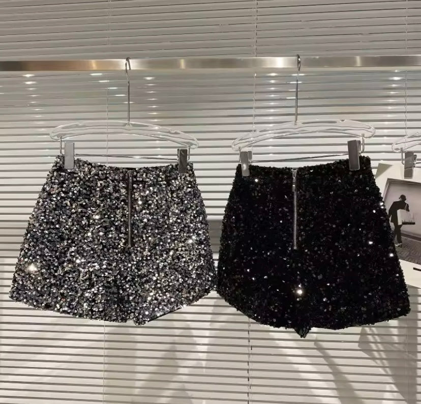 Sparkly Sequin Zip Up Mini Shorts