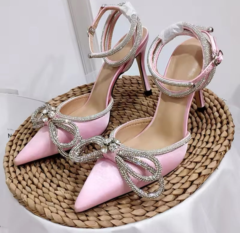 Sparkle Bow Detail Wrap-Around Satin Point-Toe Heels
