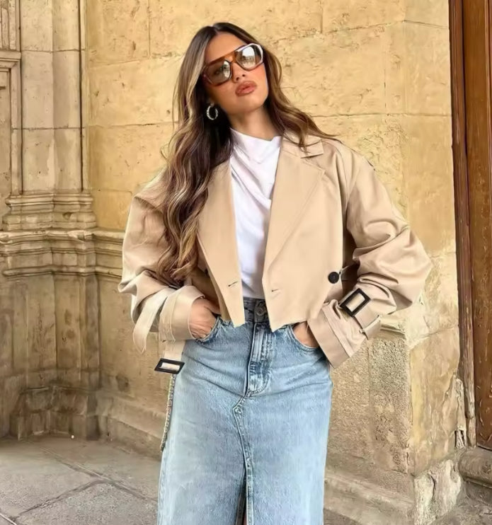 Cropped Belted Trench Coat Jacket