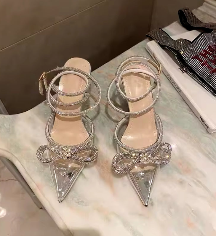 Sparkle Bow Detail Wrap-Around Satin Point-Toe Heels