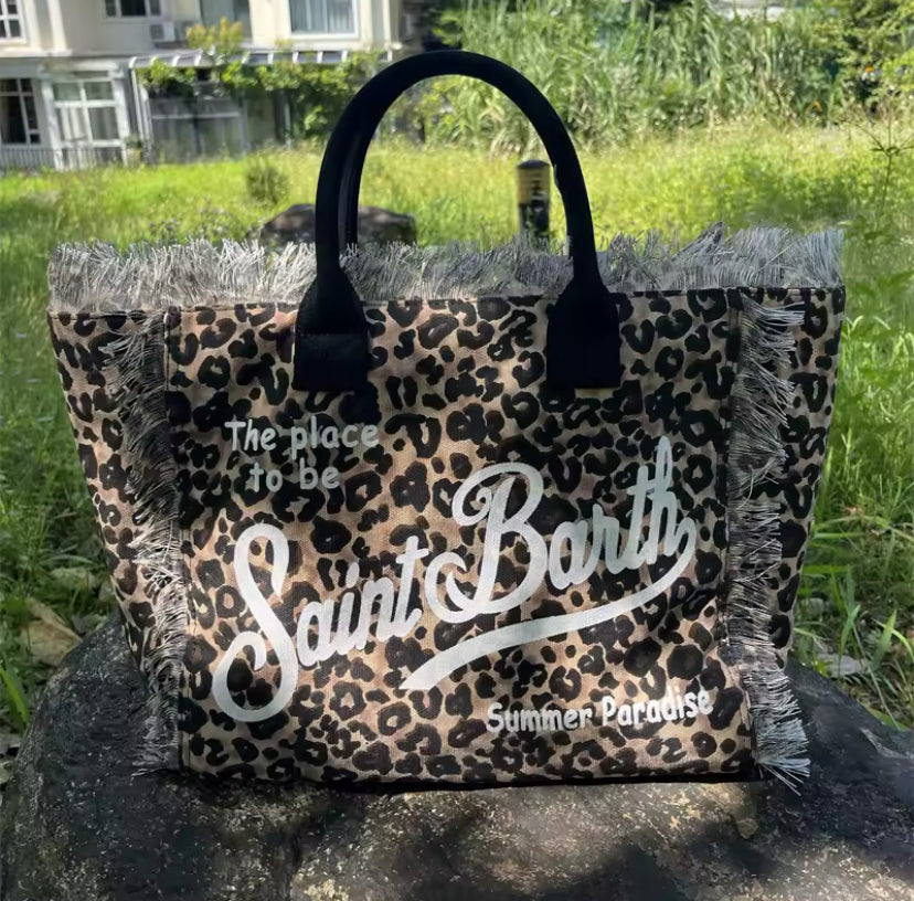 Large Slogan Print Frayed Canvas Tassel Tote Shoulder Bag