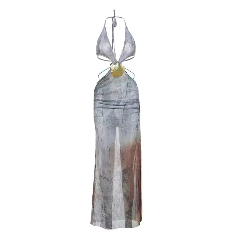 Cut Out Waistless Shell Detail Side Split Maxi Dress