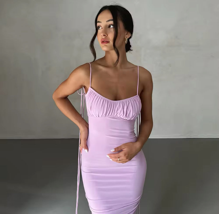 Ruched Backless Tie Up Maxi Dress