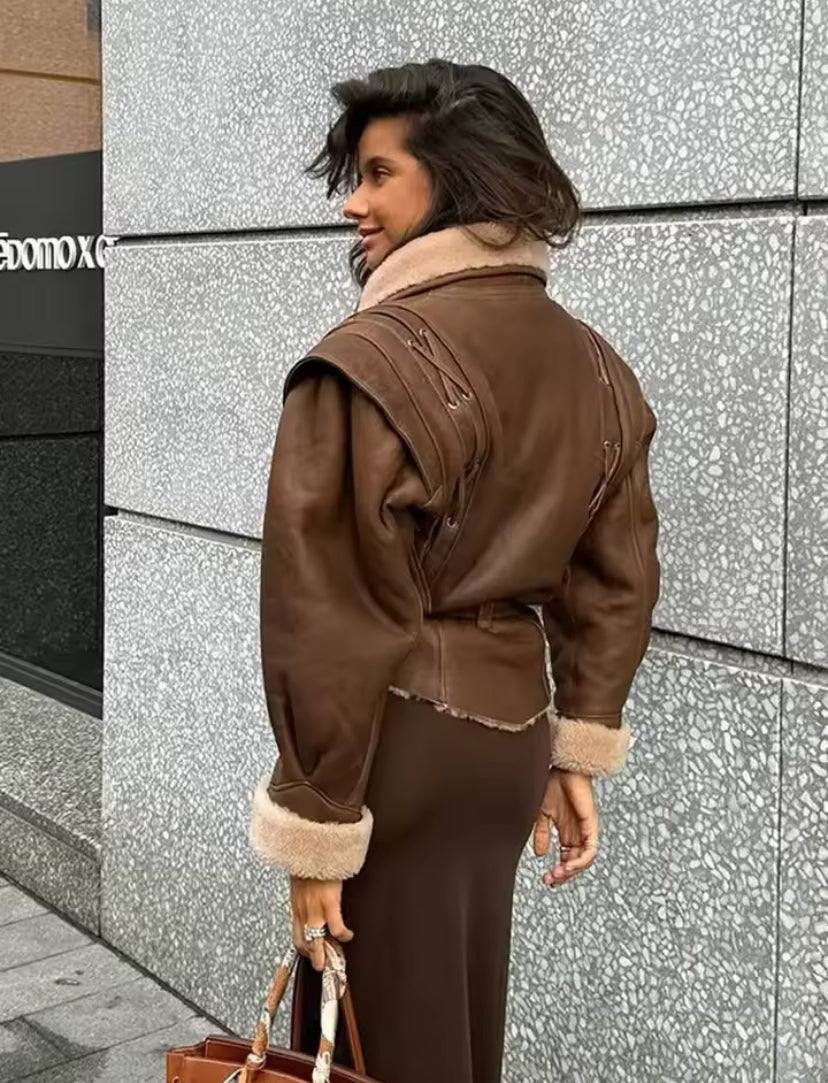 Fur Lined Faux Leather Tie Up Waist Jacket