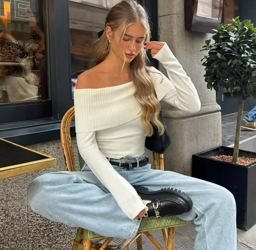 Long Sleeve Ribbed Off-Shoulder Bandeau Fold Over Crop Top