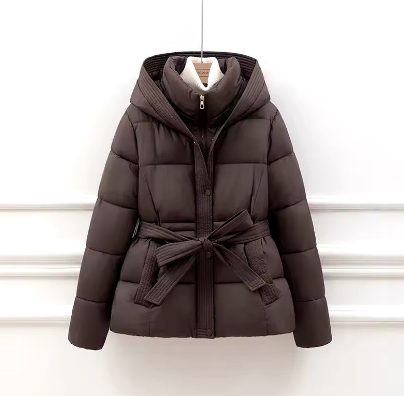 Hooded Tie Up Waist Puffer Jacket