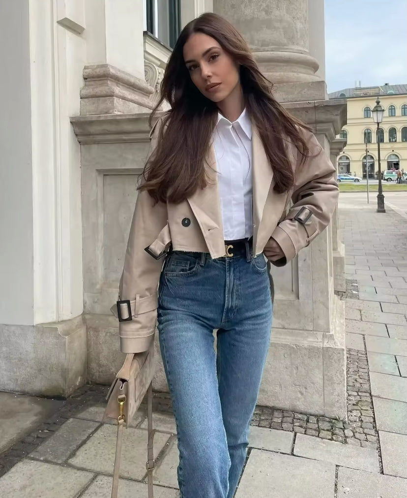 Cropped Belted Trench Coat Jacket