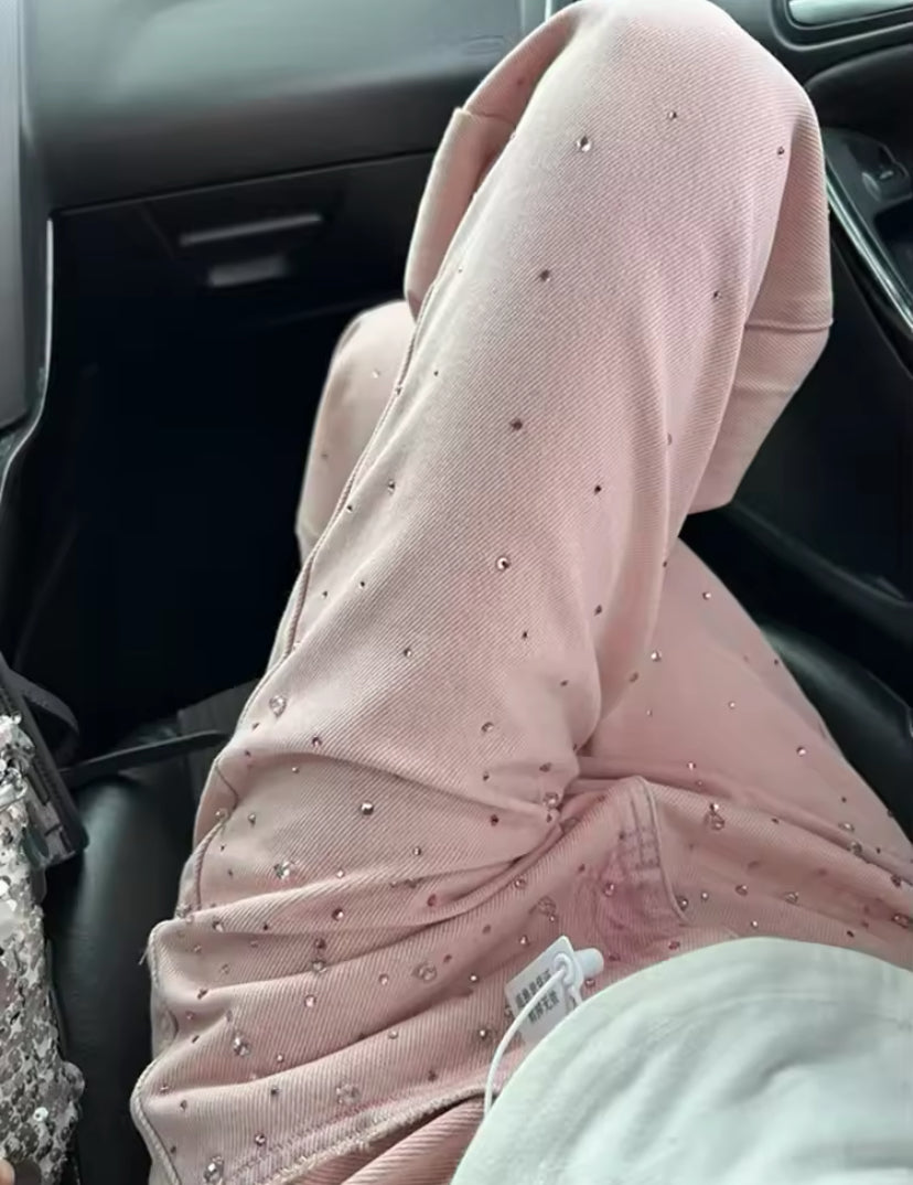 Pink Diamanté Embellished Straight Leg Jeans