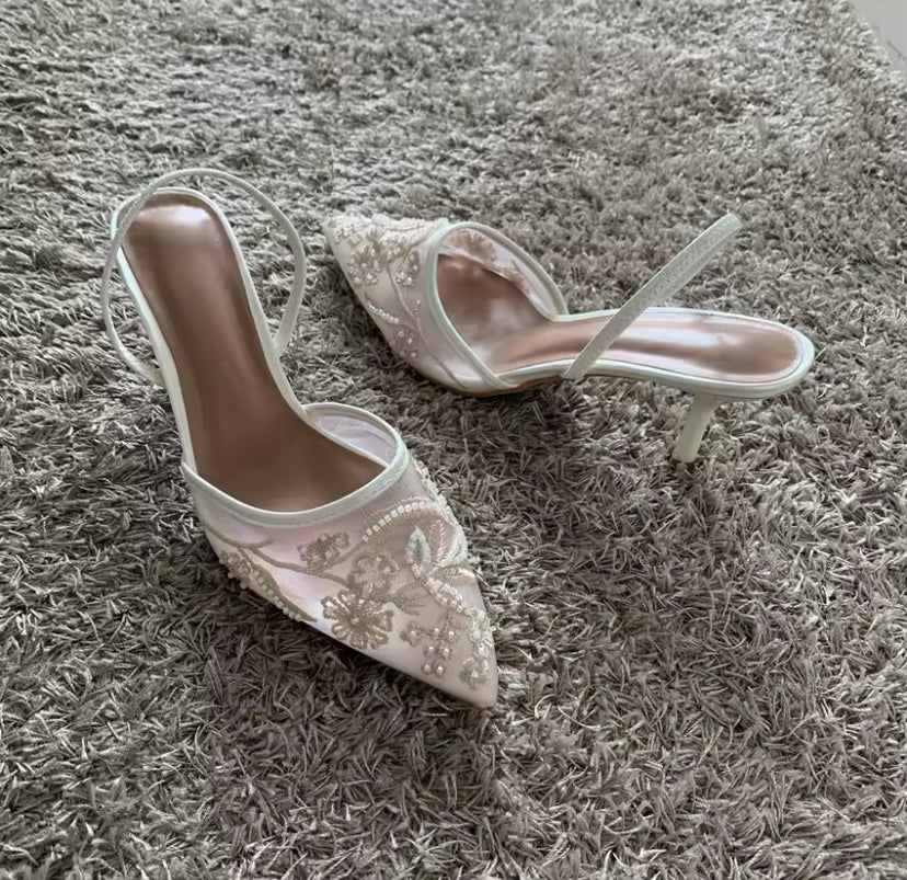 Mesh Embroidered Slingback Pointed Heel