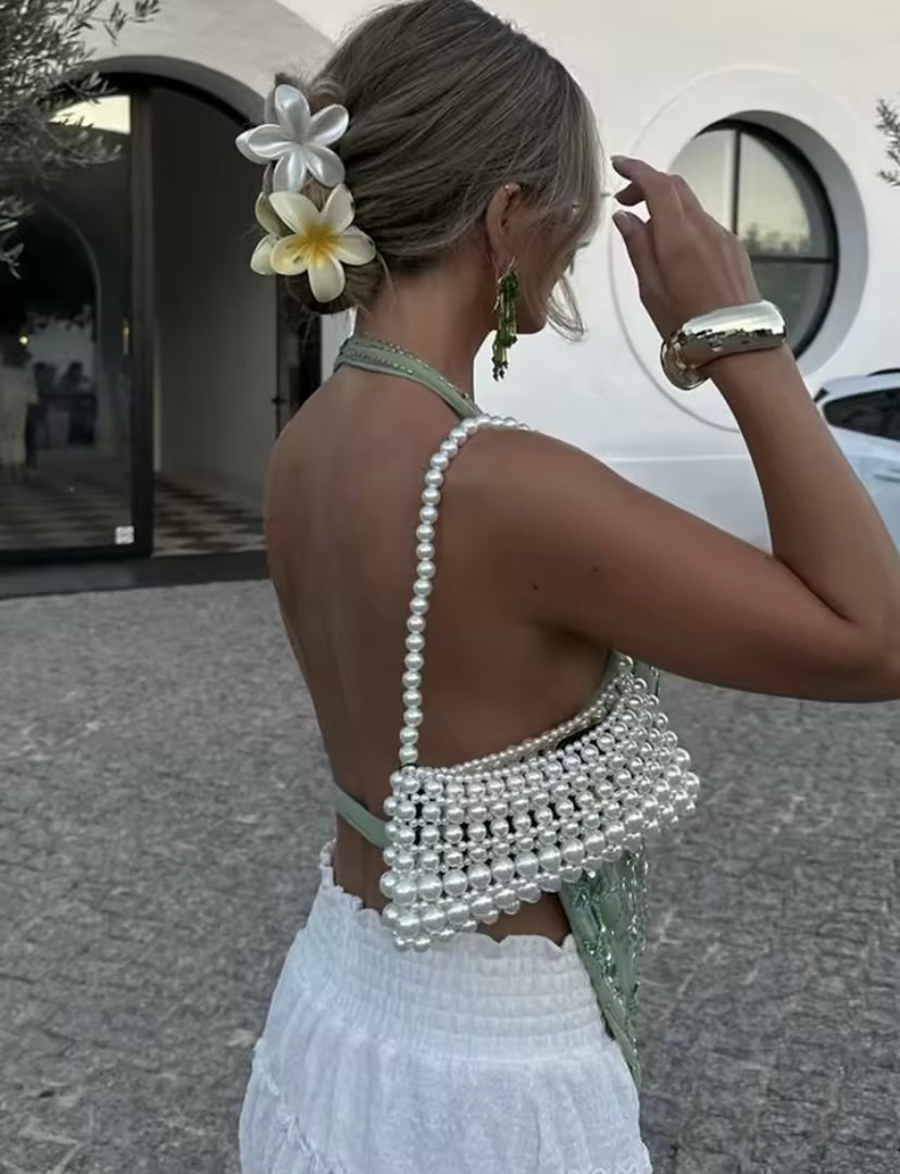 Green Sequin Mesh Hanging Cowl Neck Backless Top